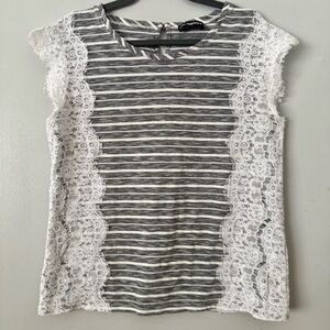 Karl Lagerfeld Minimalist Black and White Striped Lace Sleeveless Top